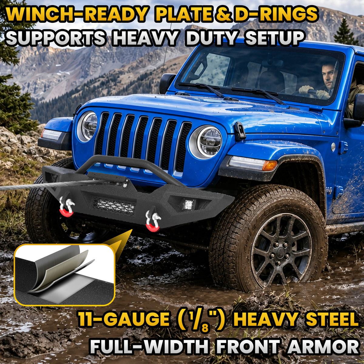Jeep Wrangler JK, JL & Gladiator JT Front Bumper|Direct Bolt-On, No Drill, Off-Road Adventure Armor, Stainless Steel Skid Plate & Dual D-rings
