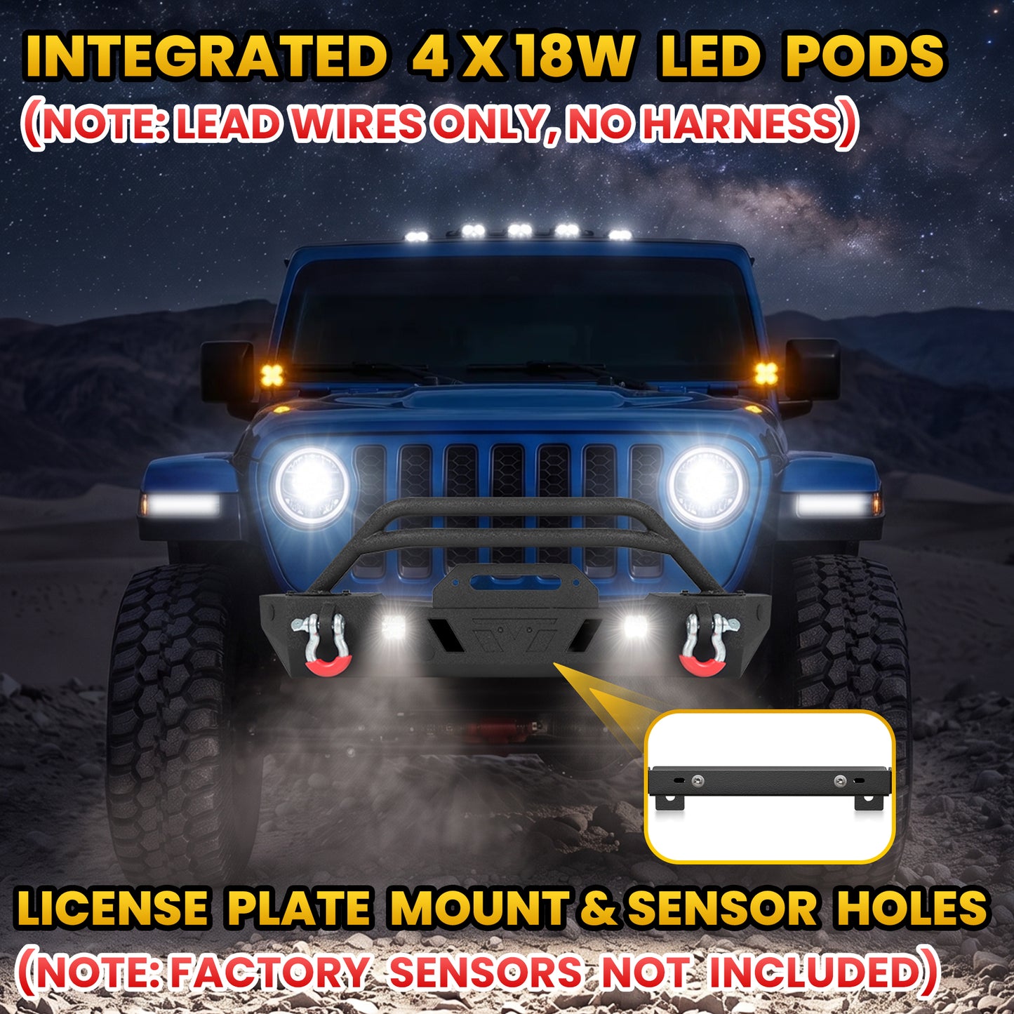 Jeep Wrangler JL/JLU 18-26 JK/JKU 18-26 GLADIATOR JT 20-26 Front Bumper|Direct Bolt-On, No Drill, Off-Road Adventure Armor, LED Pods & D-Rings