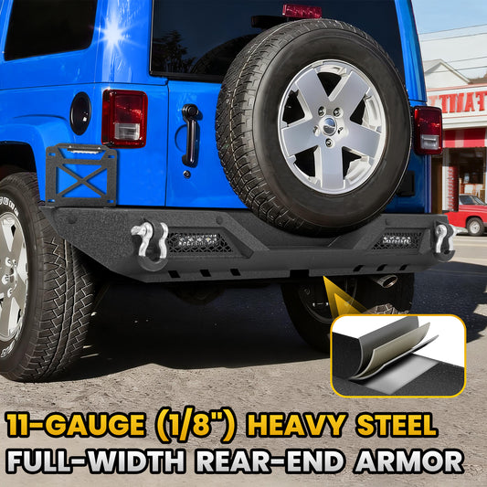 Jeep Wrangler JK/JKU 07-18 Rear Bumper|Direct Bolt-On, No Drill, Off-Road Adventure Armor, LED Pods & D-Rings