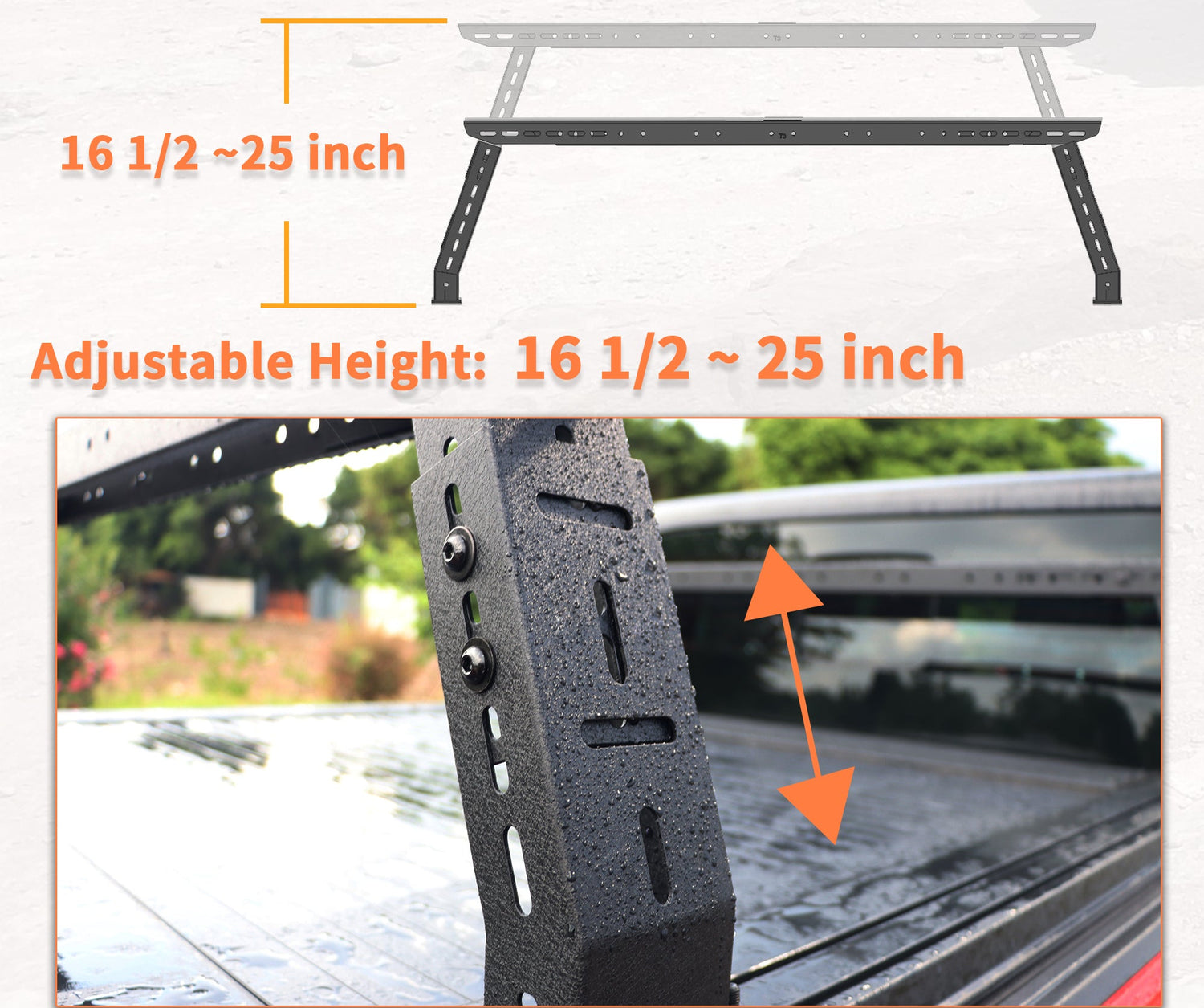 Demonstration of adjustable height feature on Jeep Gladiator JT bed rack