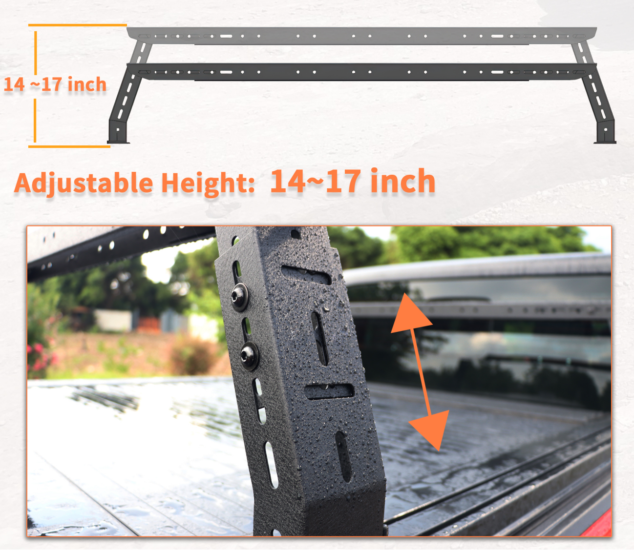 Adjustable height truck bed rack for Jeep JT, ideal for overlanding and camping gear