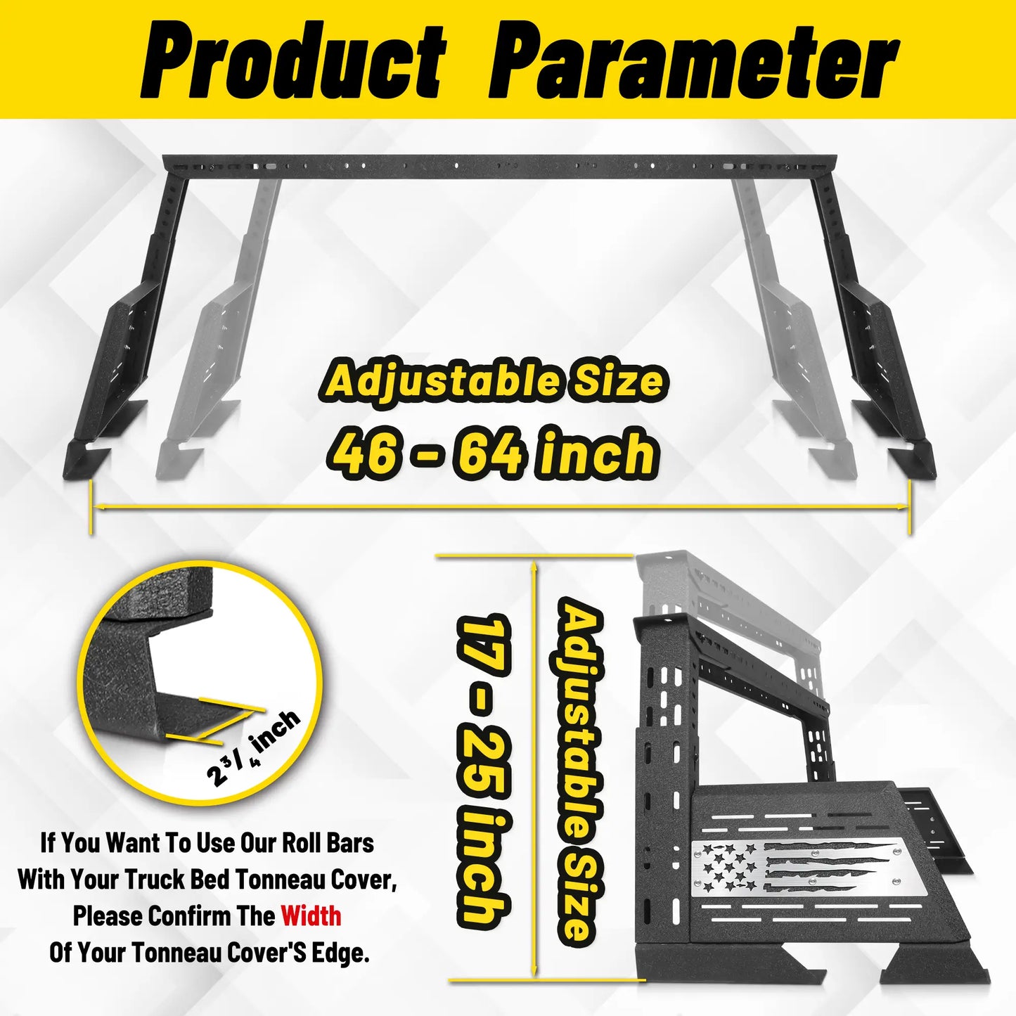 Adjustable Roll Bar for Mid Size Truck  USA Flag