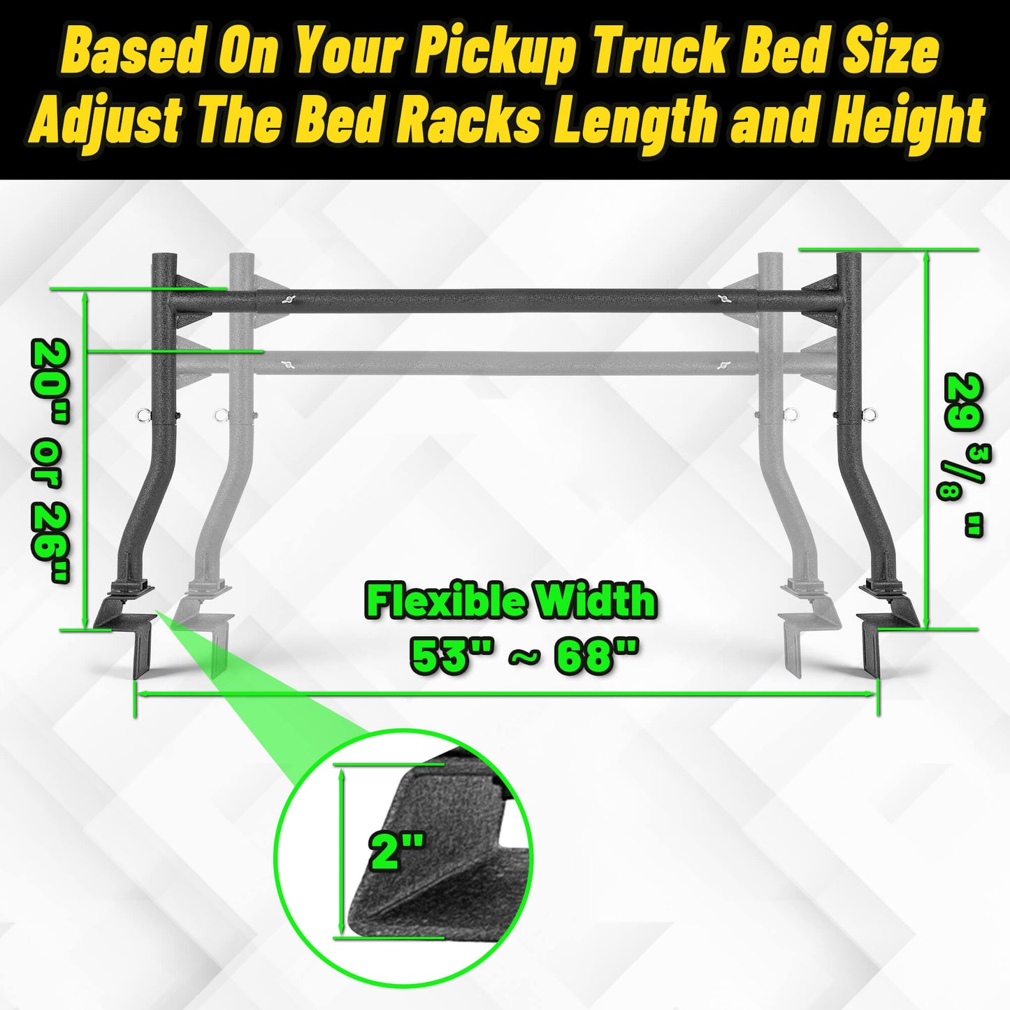 Steel truck bed rack with adjustable height and width to fit different pickup truck sizes.