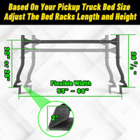 Steel truck bed rack with adjustable height and width to fit different pickup truck sizes.