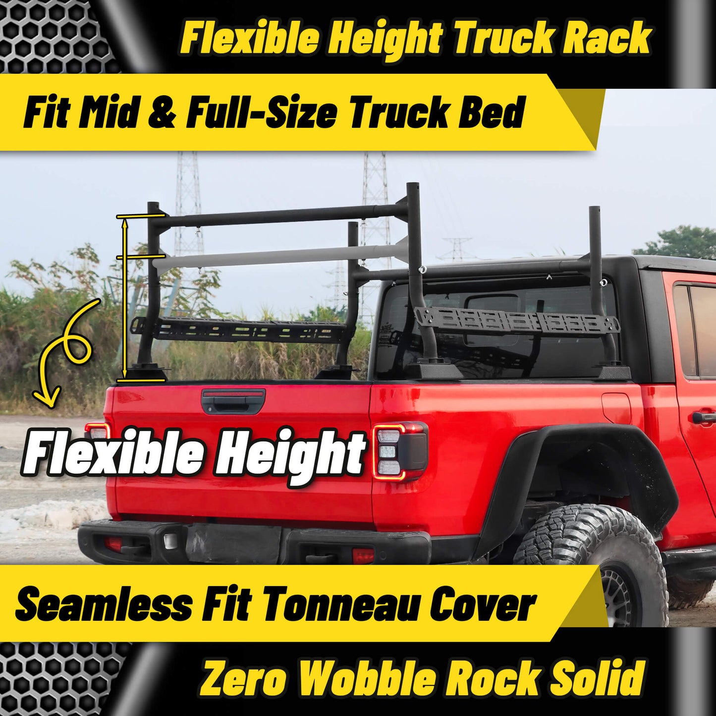 Adjustable steel side bars for truck bed racks, allowing flexible height and custom setup.