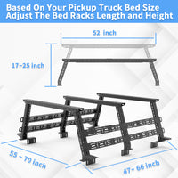 Adjustable truck bed rack with customizable height and length for trucks and outdoor gear.