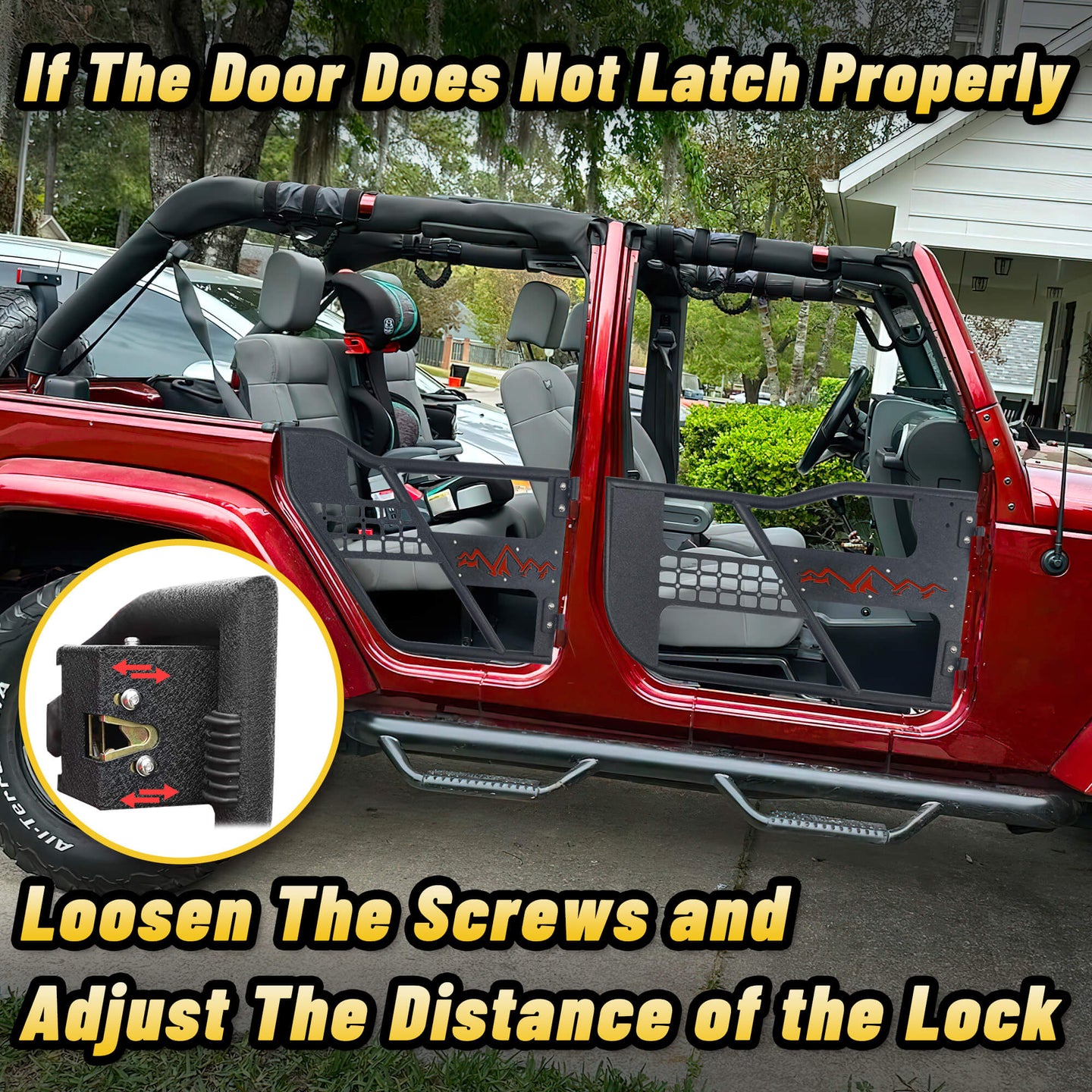 Adjustable snow mountain truck door with screws for outdoor adventure, secure and versatile.
