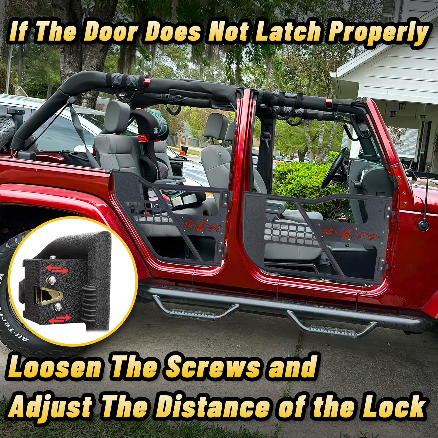Adjustable snow mountain truck door with screws for outdoor adventure, secure and versatile.