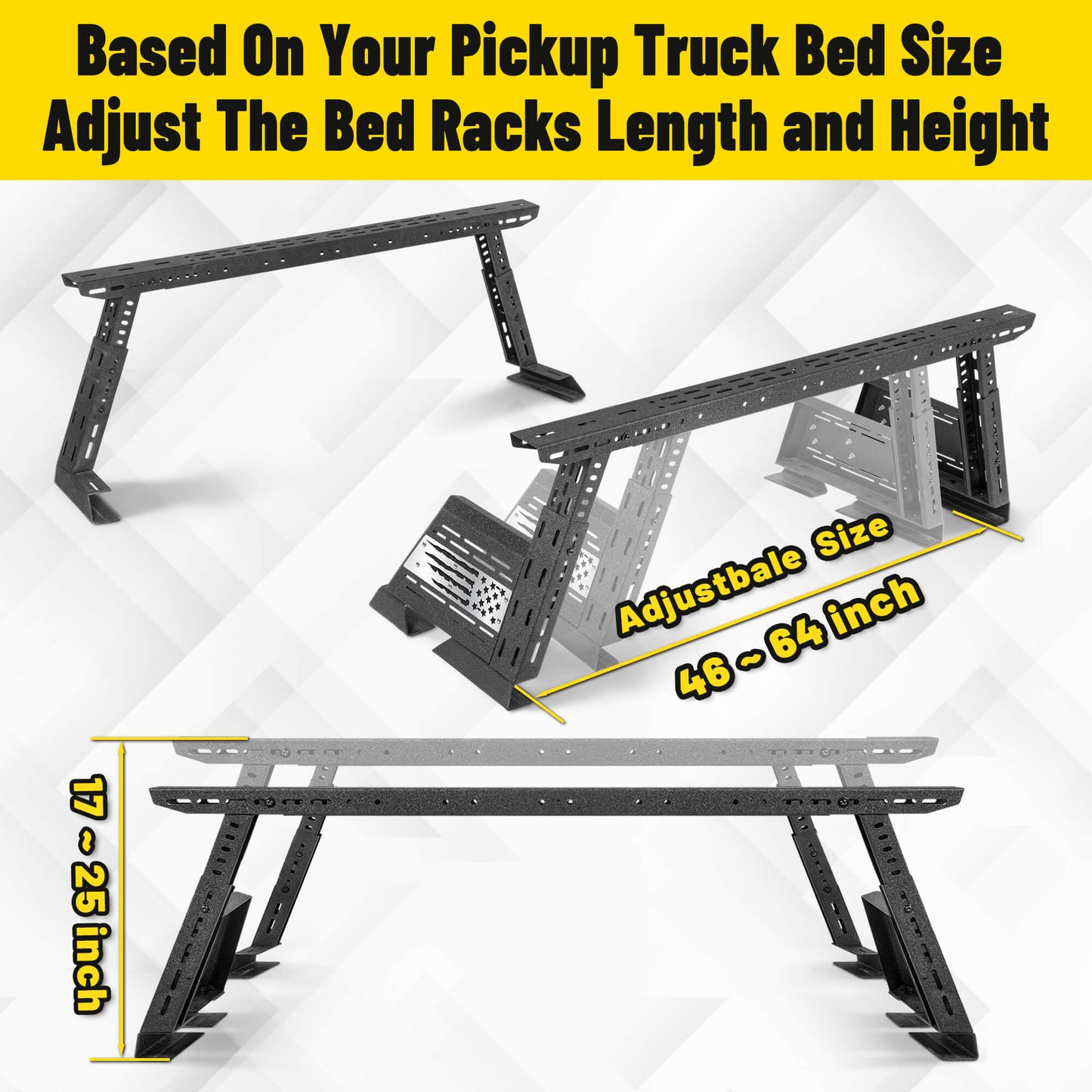 Adjustable truck rack with customizable height and length, fits your truck model