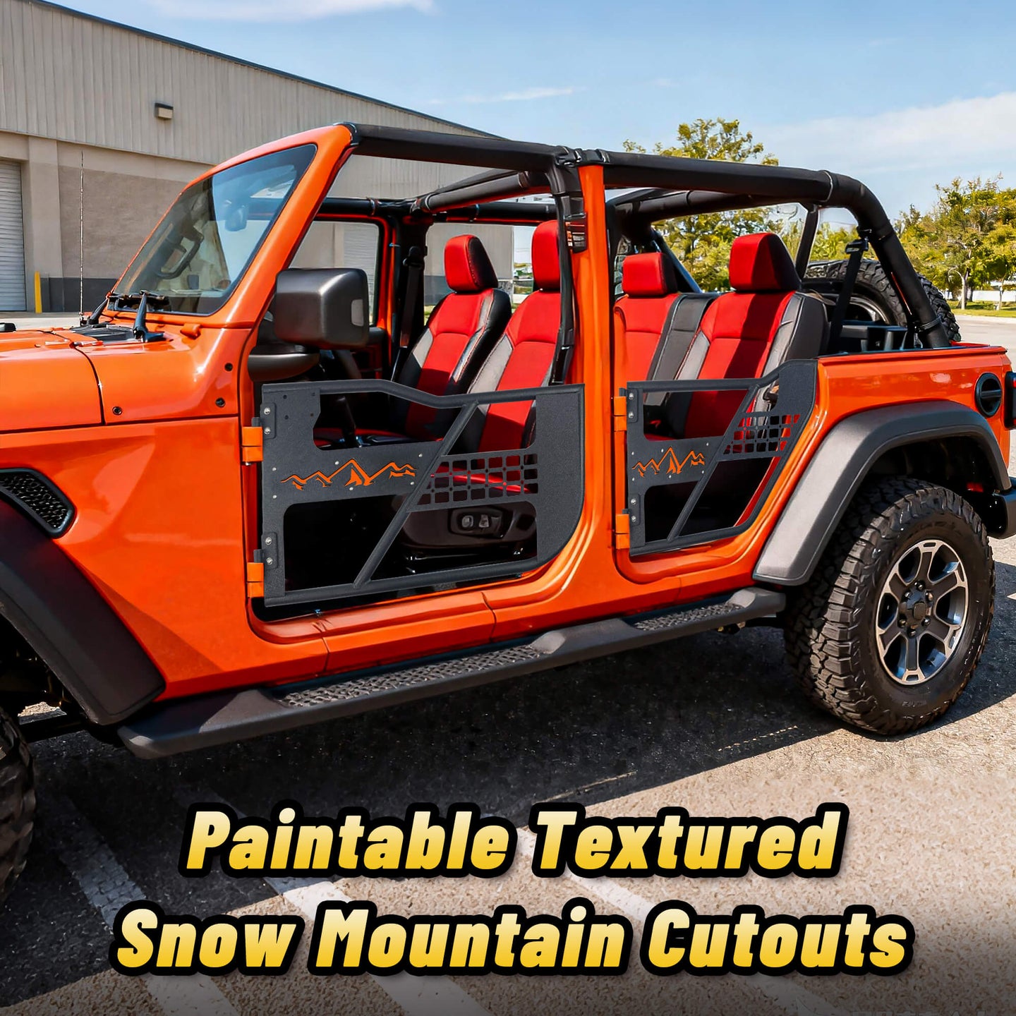 Outdoor display of custom truck door with snow mountain design, unique off-road style.