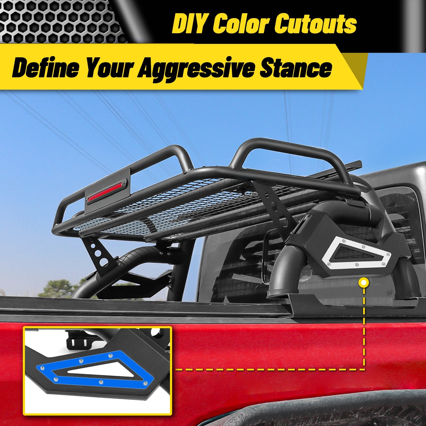 Roll Bar with Cargo Basket, LED Brake Light & Light Rack for Mid-Size Truck