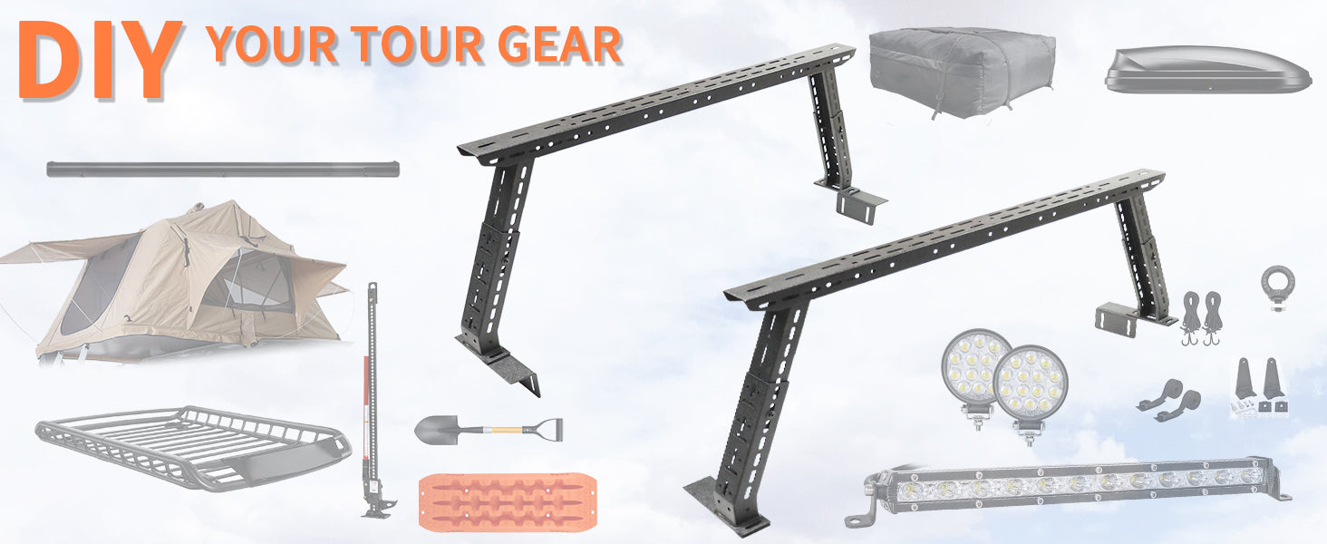 DIY Jeep Gladiator JT overlanding gear setup showing roof rack and cargo storage