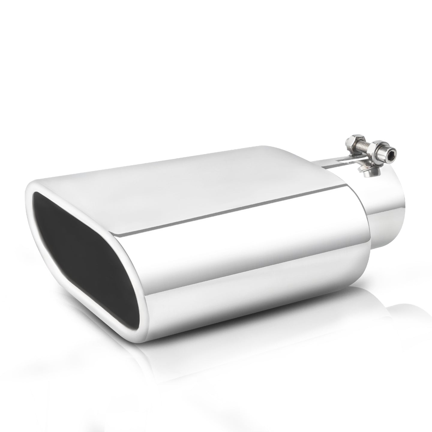 Silver exhaust tip with 2.5" inlet and 9" outlet, bolt-on design for easy installation, enhances car and truck appearance.