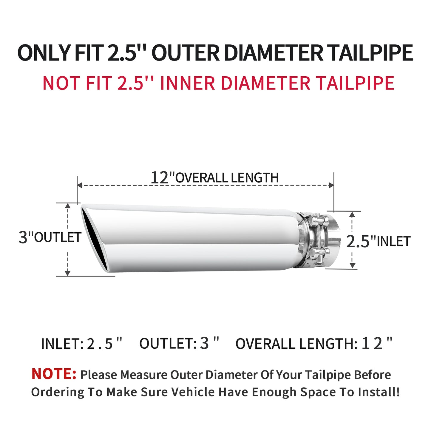 2.5 inch inlet 5.5x3 outlet silver exhaust tip showing overall dimensions and appearance