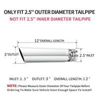 2.5 inch inlet 5.5x3 outlet silver exhaust tip showing overall dimensions and appearance