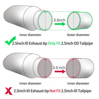 2.5 inch inlet 5.5x3 outlet silver exhaust tip showing matching inner and outer dimensions