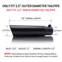 Black exhaust tip 2.5" inlet 3" outlet 12" with dimensions shown