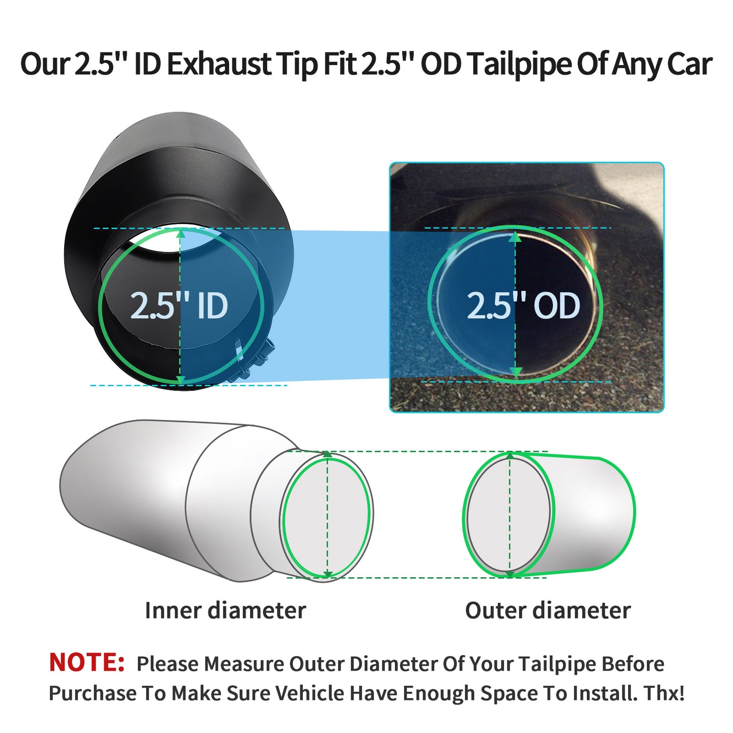 Black exhaust tip 2.5" inlet fits 2.5" tailpipe outlet