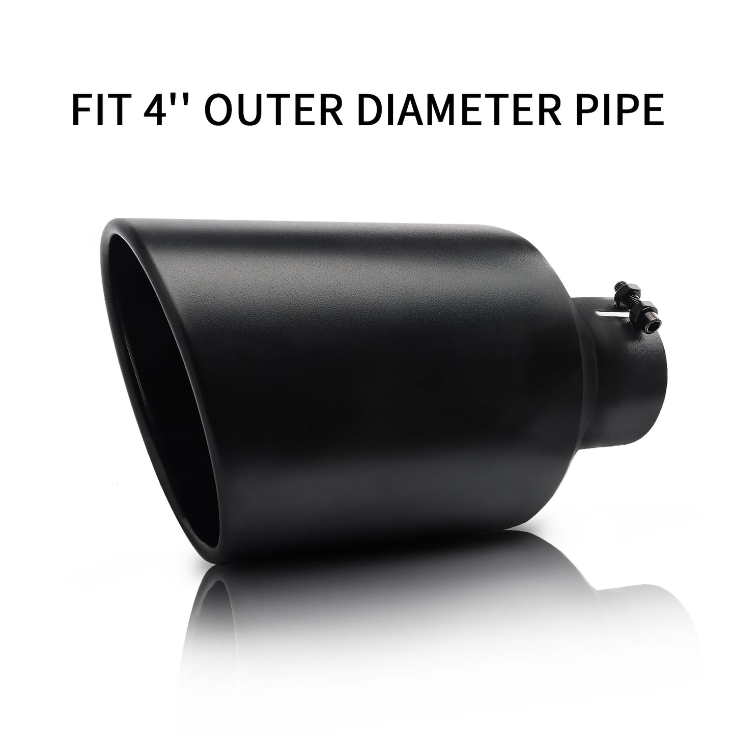 Black 4-inch exhaust tip front view on white background showing sleek design and universal fit.