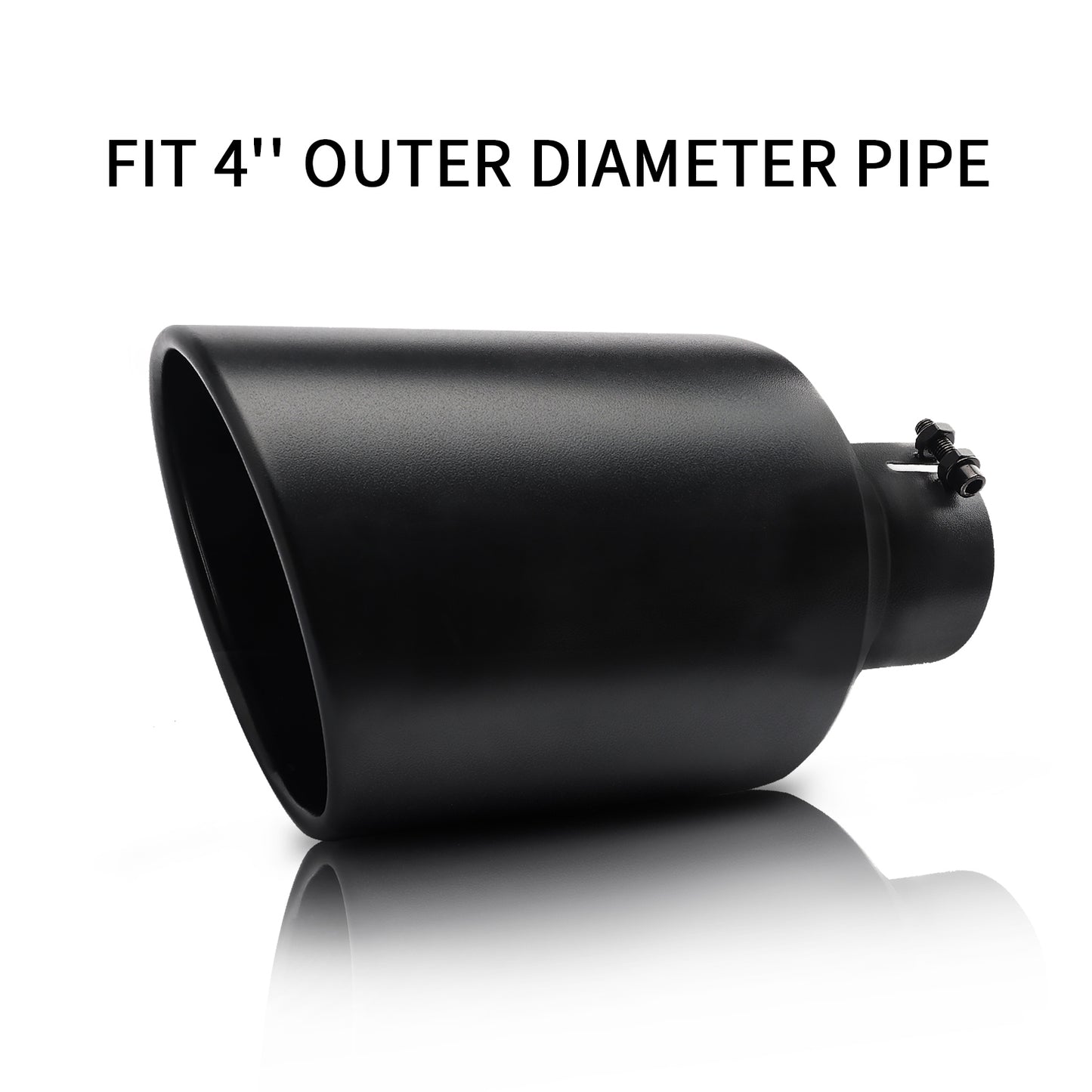 Black 4-inch exhaust tip front view on white background showing sleek design and universal fit.