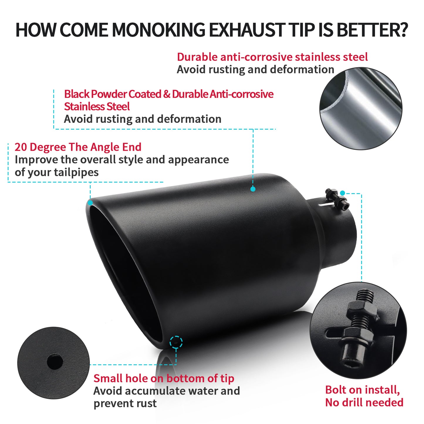 Black 4-inch exhaust tip installation tips for secure and easy mounting on trucks and SUVs.