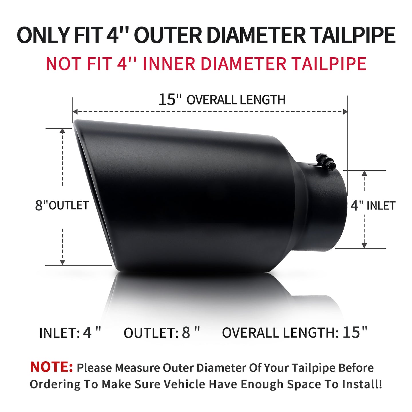 Black 4-inch exhaust tip showing inlet and outlet dimensions for universal truck fit.