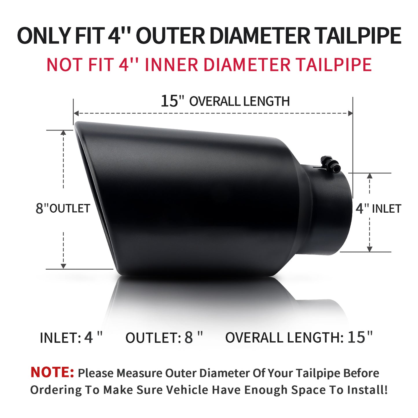 Black 4-inch exhaust tip showing inlet and outlet dimensions for universal truck fit.