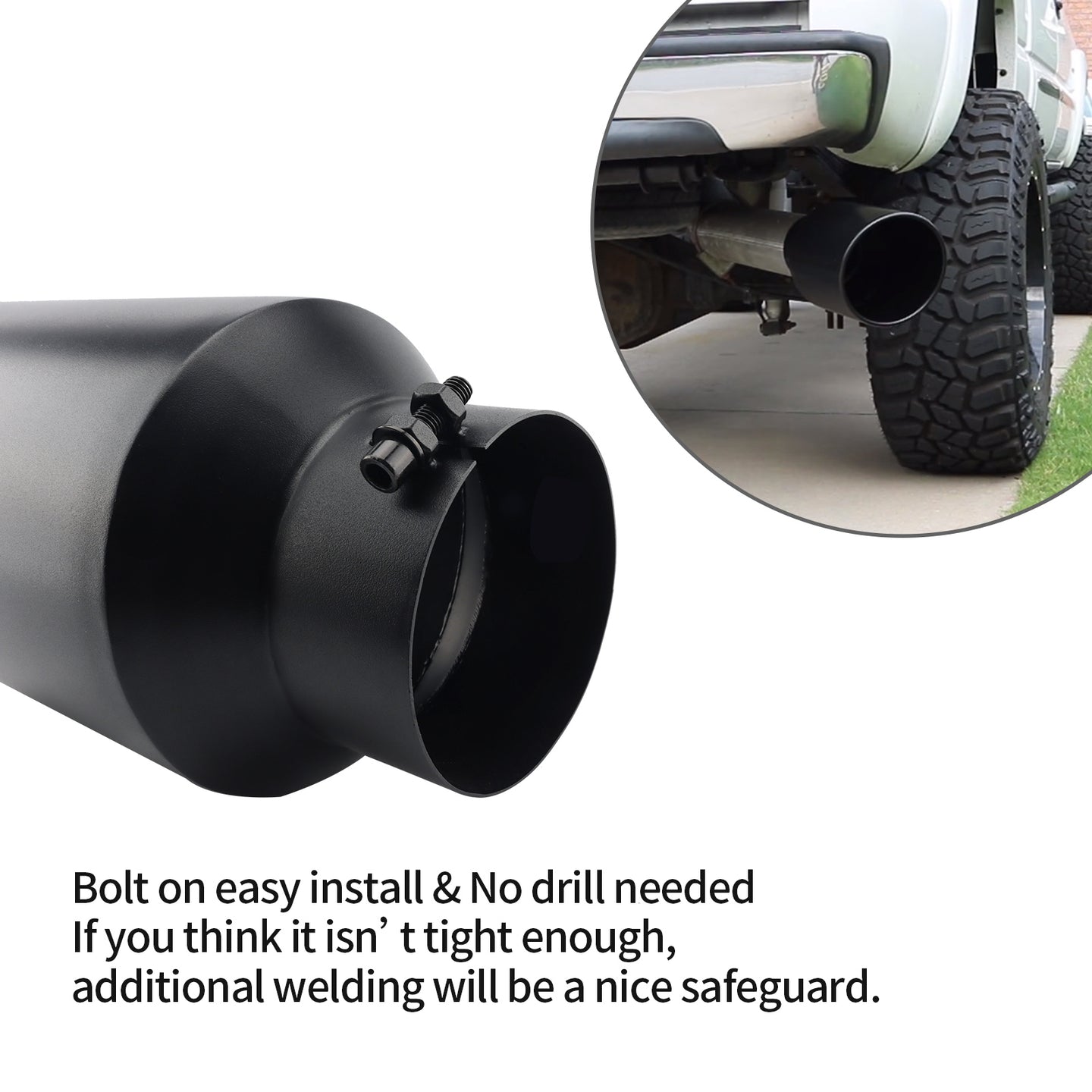 Black 4-inch exhaust tip installed on a pickup truck showing perfect fit and sleek look.