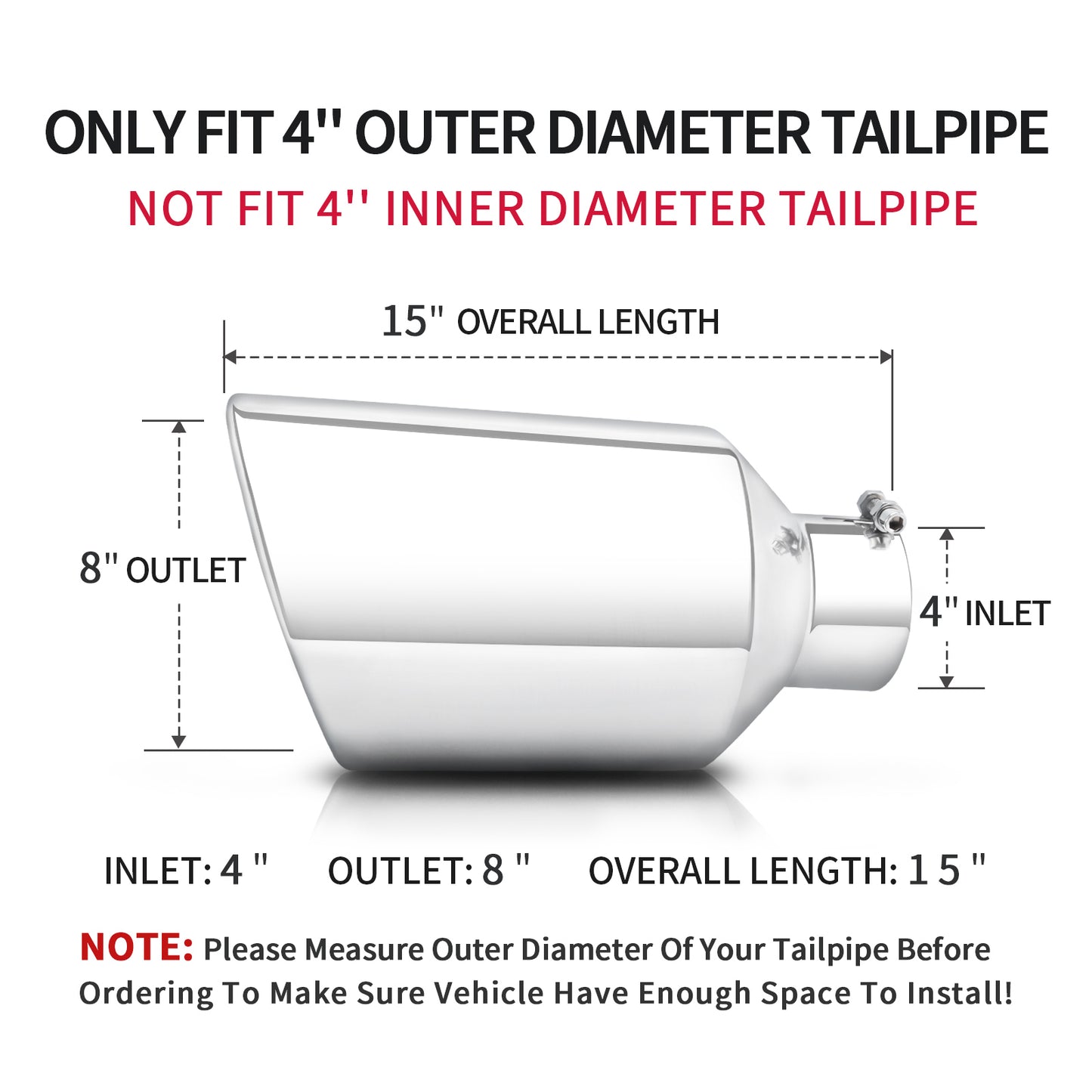 Silver 4-inch Exhaust Tip front view on white background, fits 4-inch tailpipes, stainless steel, sleek truck upgrade.