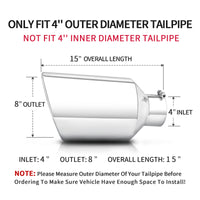 Silver 4-inch Exhaust Tip front view on white background, fits 4-inch tailpipes, stainless steel, sleek truck upgrade.