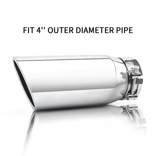 4x5x12 exhaust tip front view on white background, showing polished finish and universal fit for trucks.