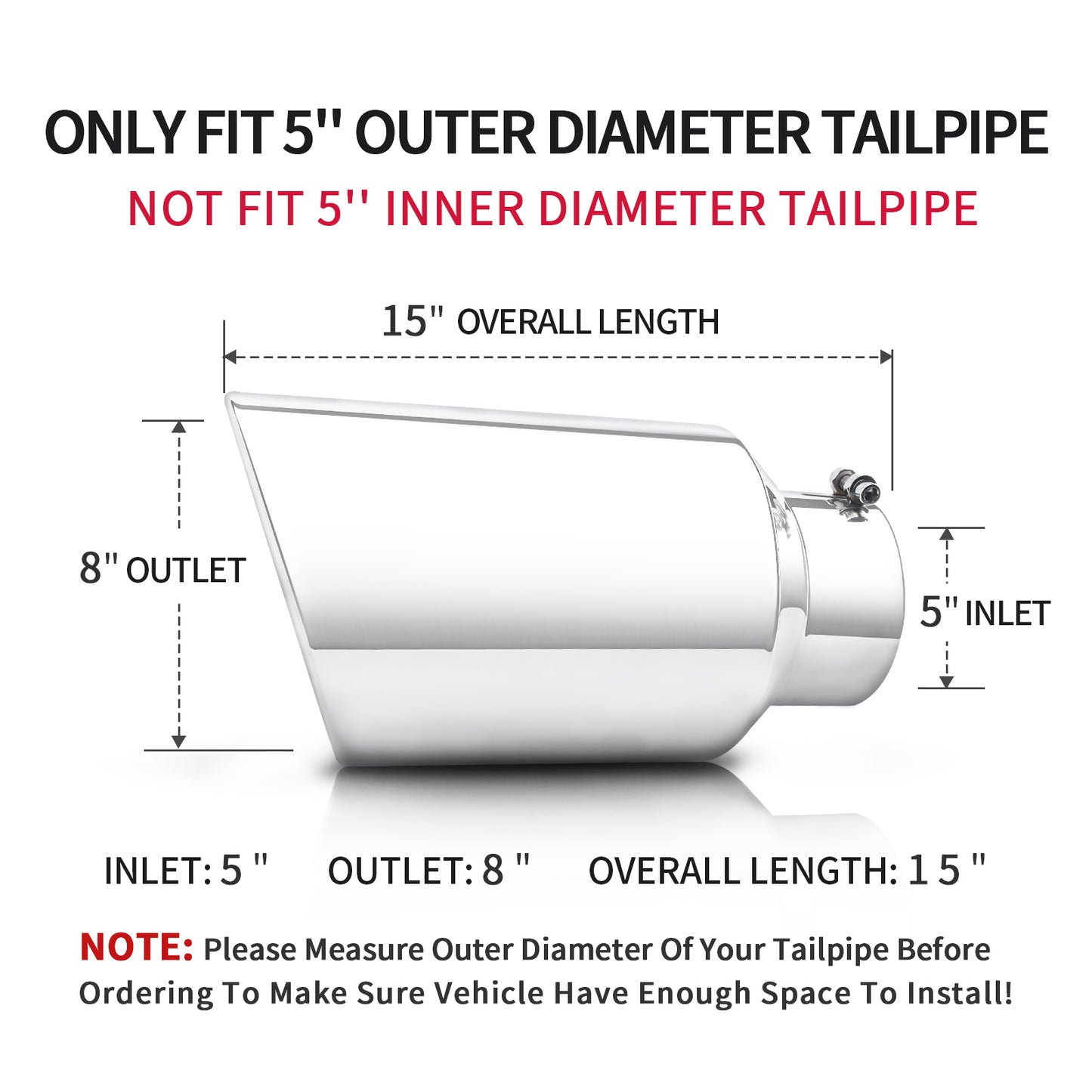 Exhaust tip fits 5" outer diameter only, not suitable for 5" inner diameter