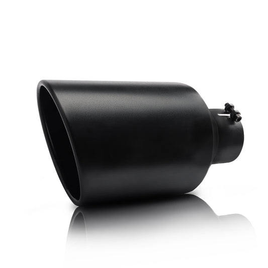 Black exhaust tip front view showing sleek design and universal fit for trucks and SUVs.