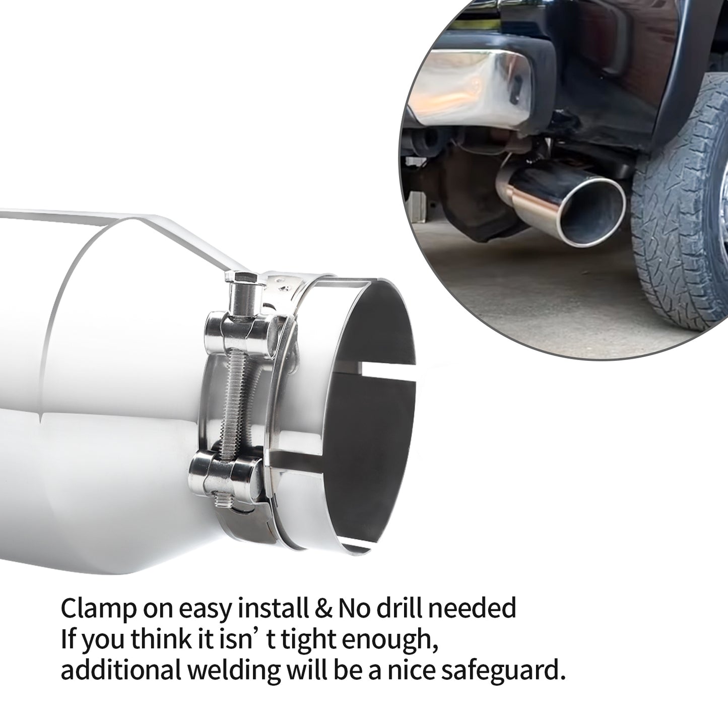 Exhaust Tip showing compatible vehicles including trucks, pickups, and SUVs for precise fit.