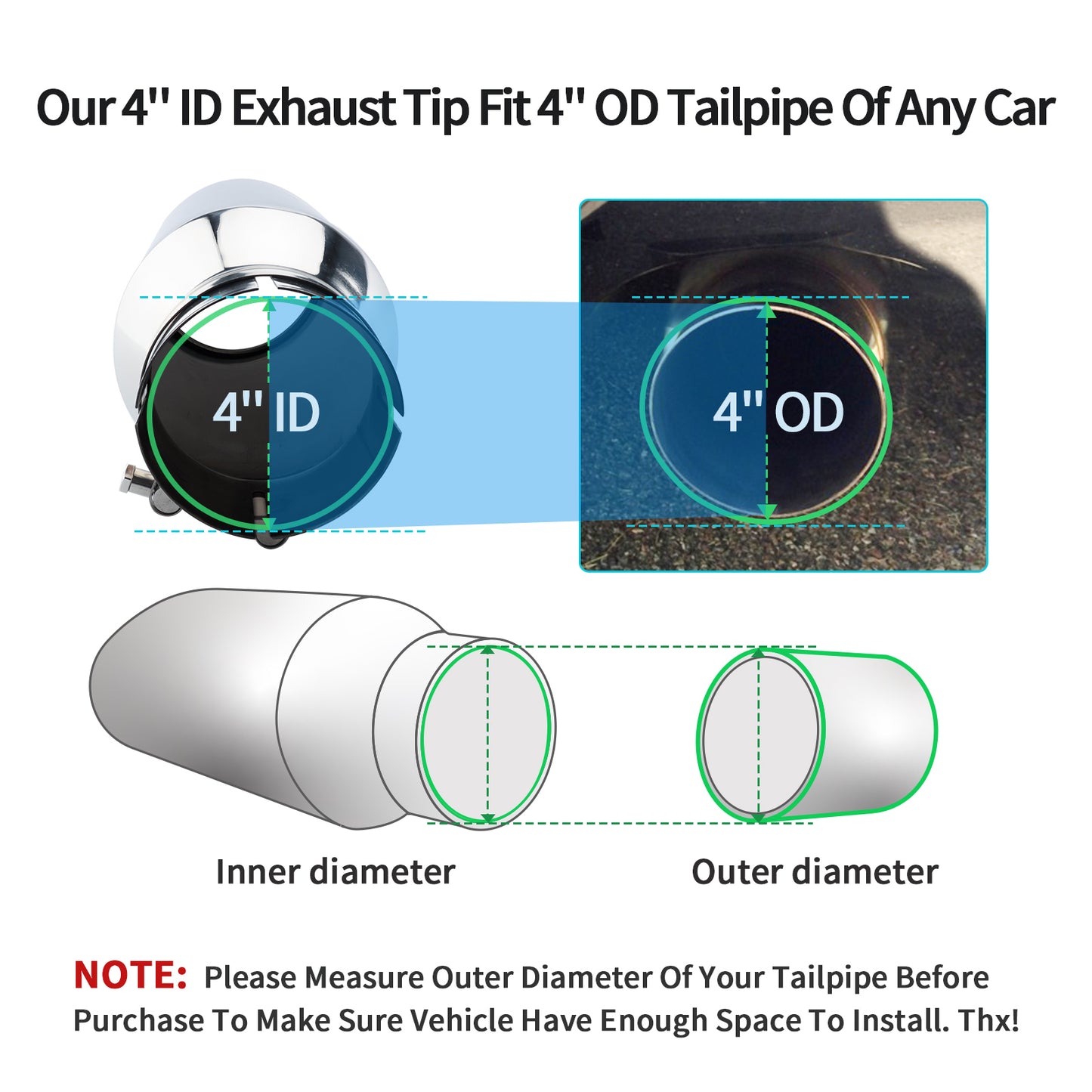 Exhaust Tip showing compatible inner and outer diameters for precise fit on tailpipes.