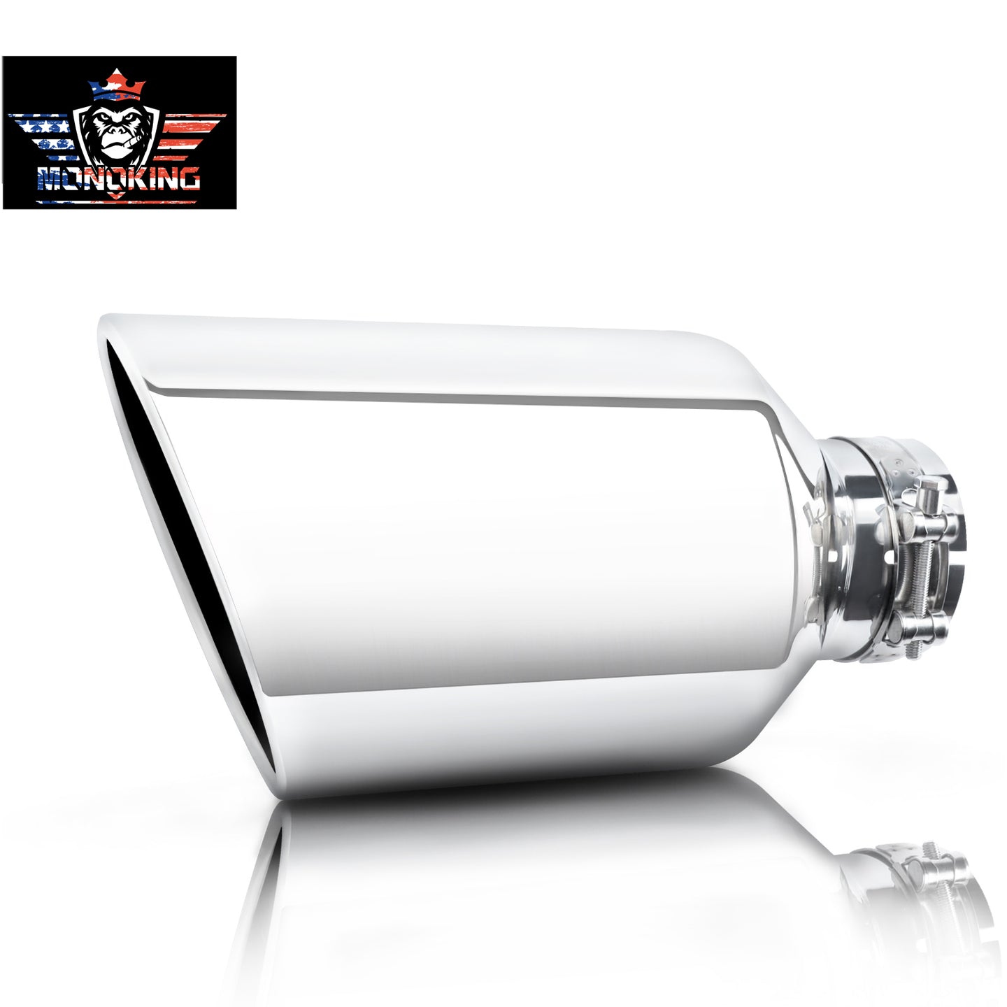 Exhaust Tip front view on white background showing sleek polished design and universal fit for trucks and pickups.