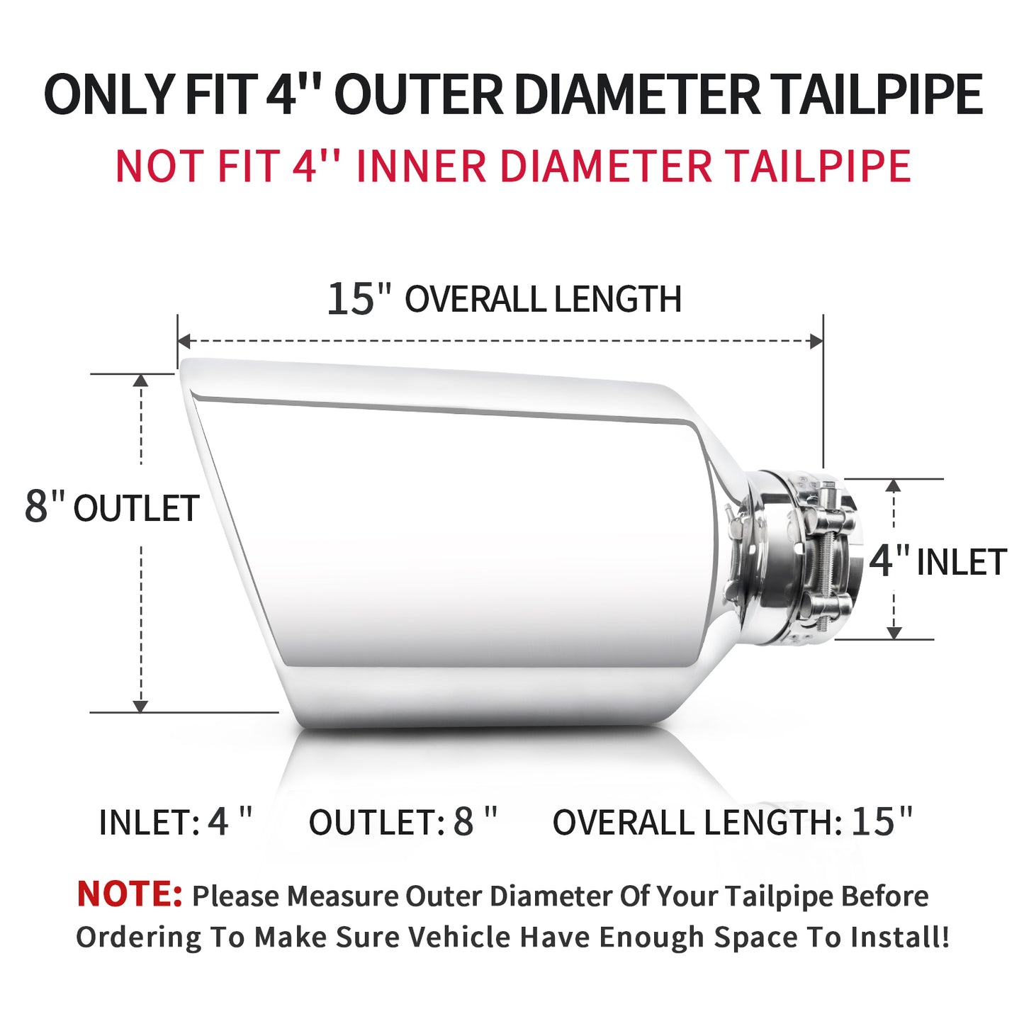 Exhaust Tip showing inner and outer diameter for precise fit on 5-inch outlet tailpipes.