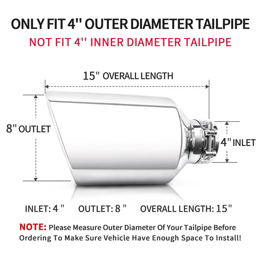 MONOKING Exhaust Tip 4" Inlet 8" Outlet 15" Clamp-On Universal