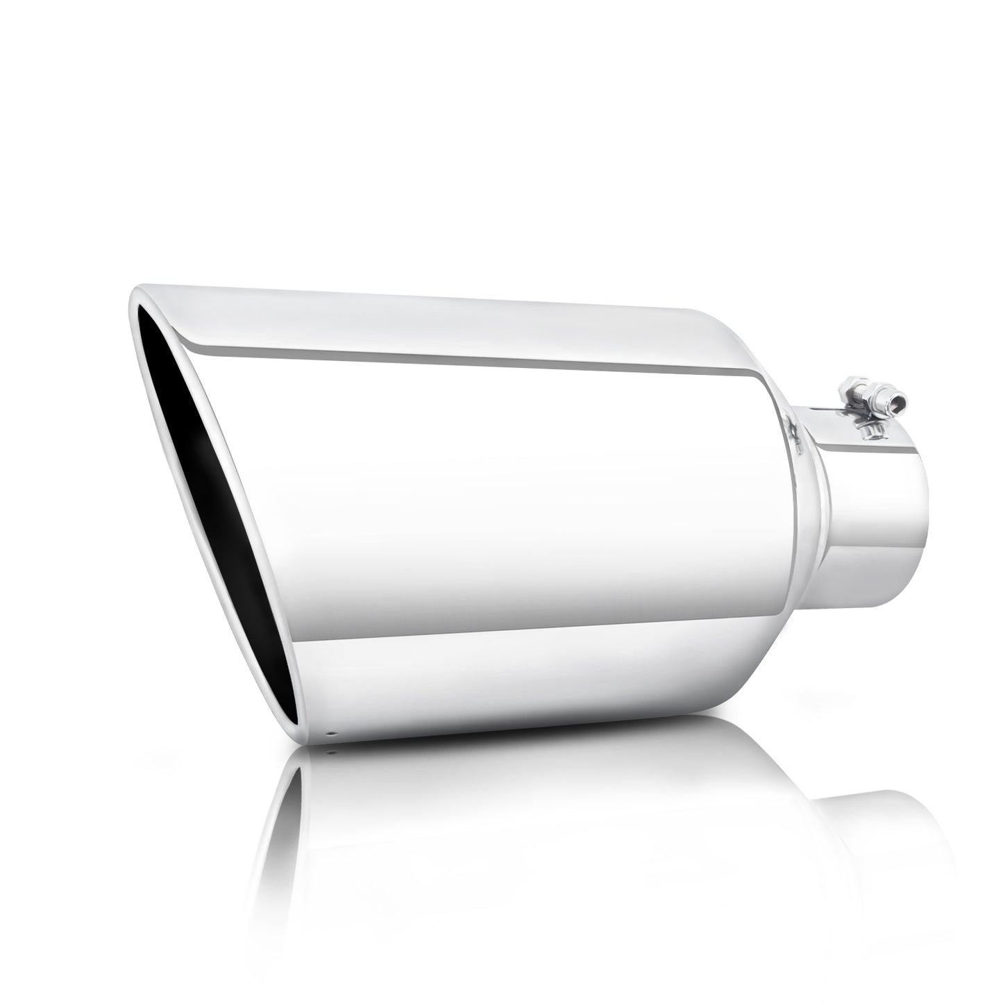 Silver Exhaust Tip front view on white background, fits 4-inch tailpipes, durable stainless steel, enhances truck rear appearance.