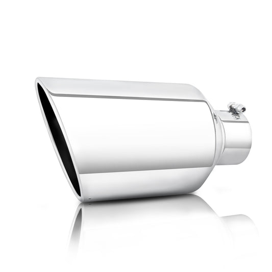 Silver Exhaust Tip front view on white background, fits 4-inch tailpipes, durable stainless steel, enhances truck rear appearance.