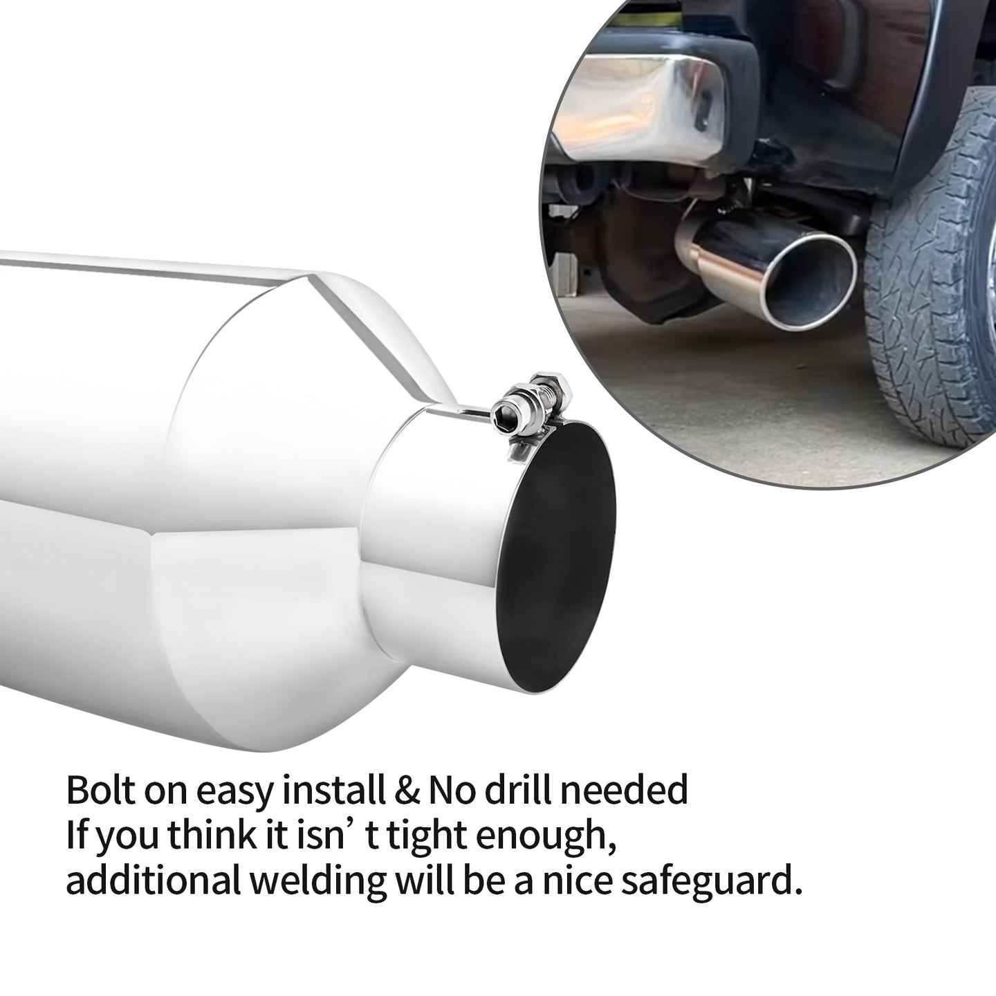 Silver Exhaust Tip installed on a pickup truck, showing perfect fit and upgraded rear appearance.