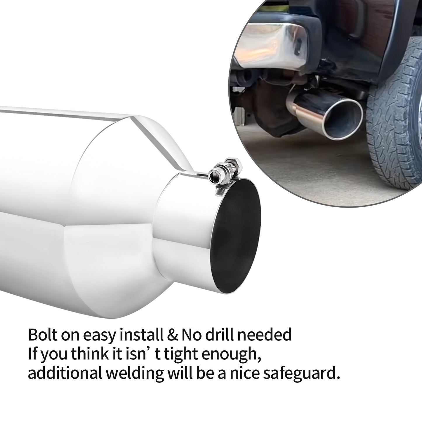 Silver Exhaust Tip installed on a pickup truck, showing perfect fit and upgraded rear appearance.