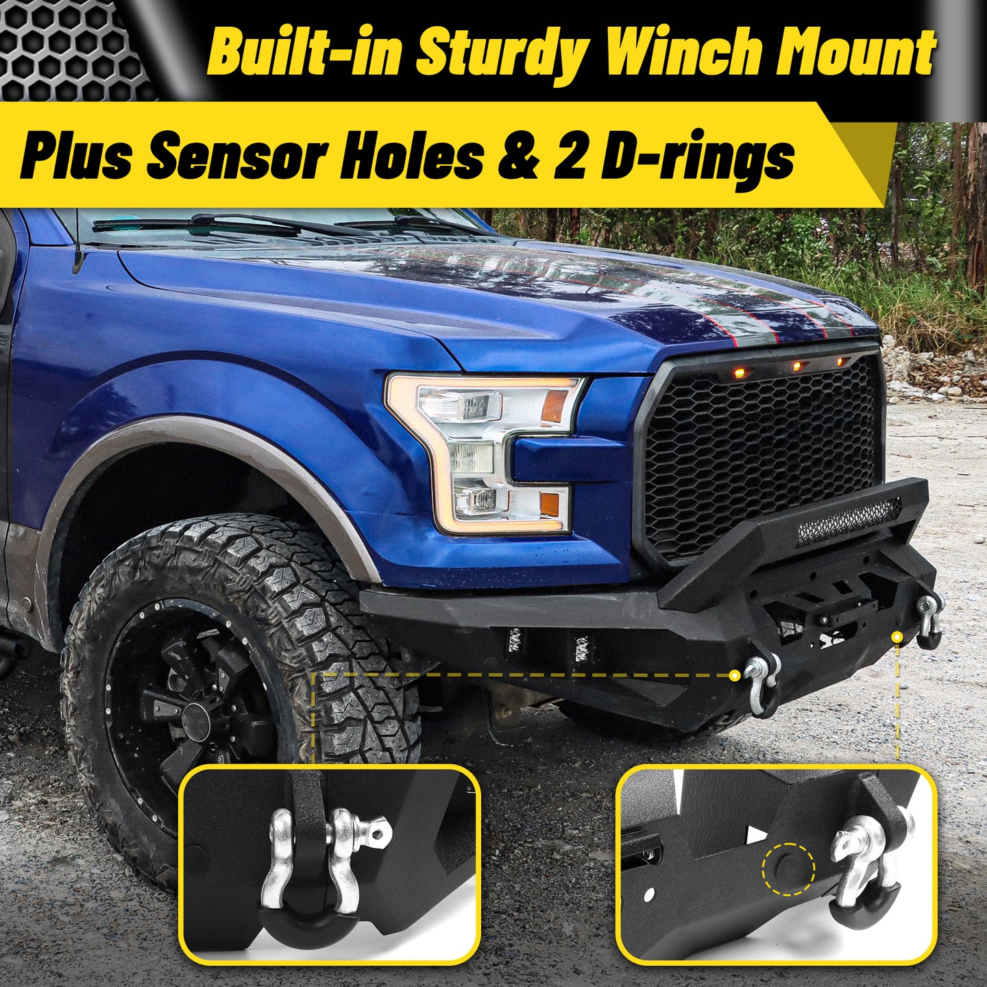 Front bumper for 2015–2017 Ford F-150 pickup with added D-ring for towing.