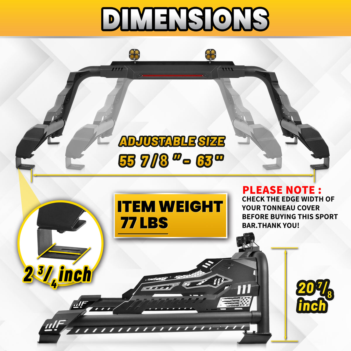Heavy Duty Roll Bar with 3rd Brake Light for Mid-Size Truck