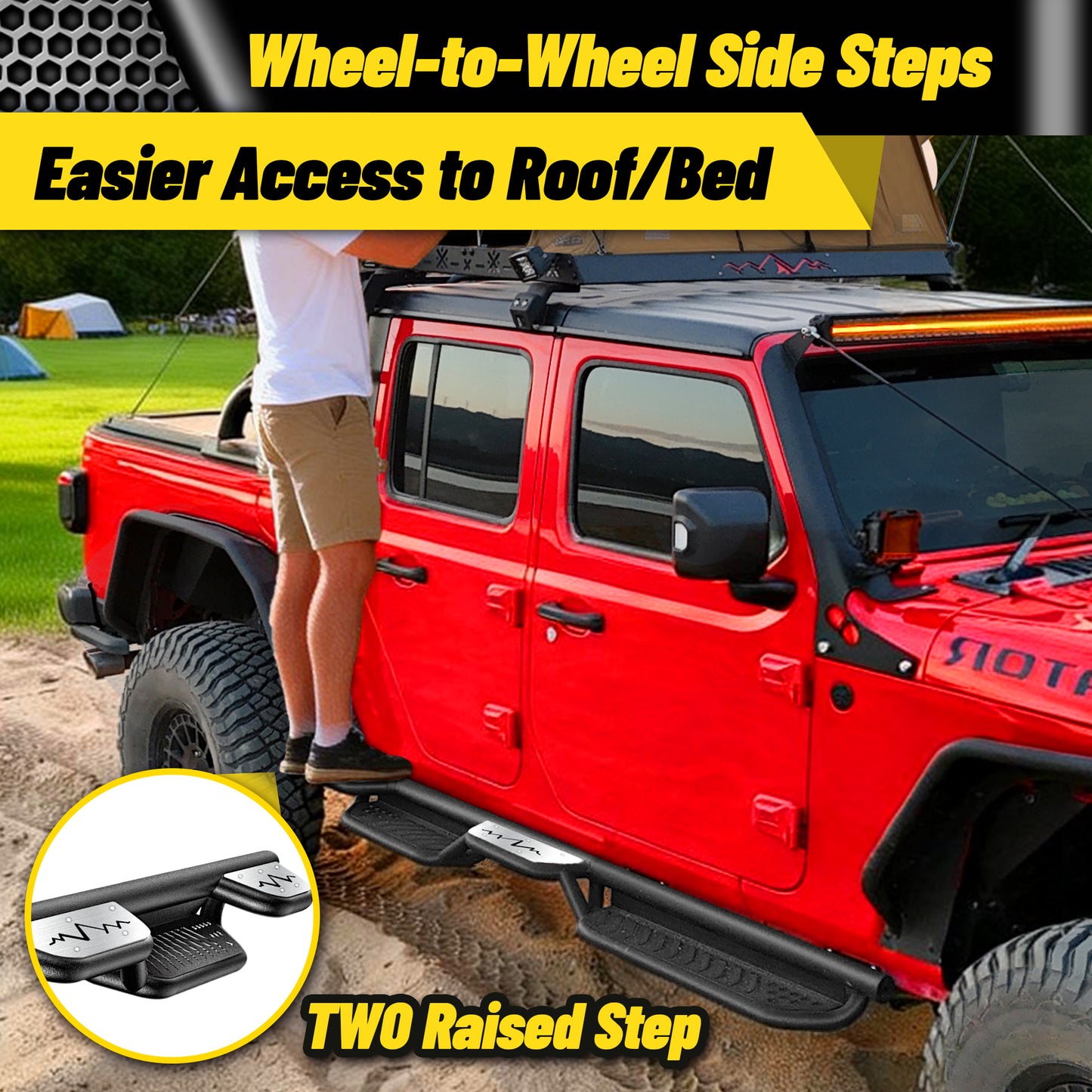 Heavy-duty running boards with 2 steps for easy roof and bed access