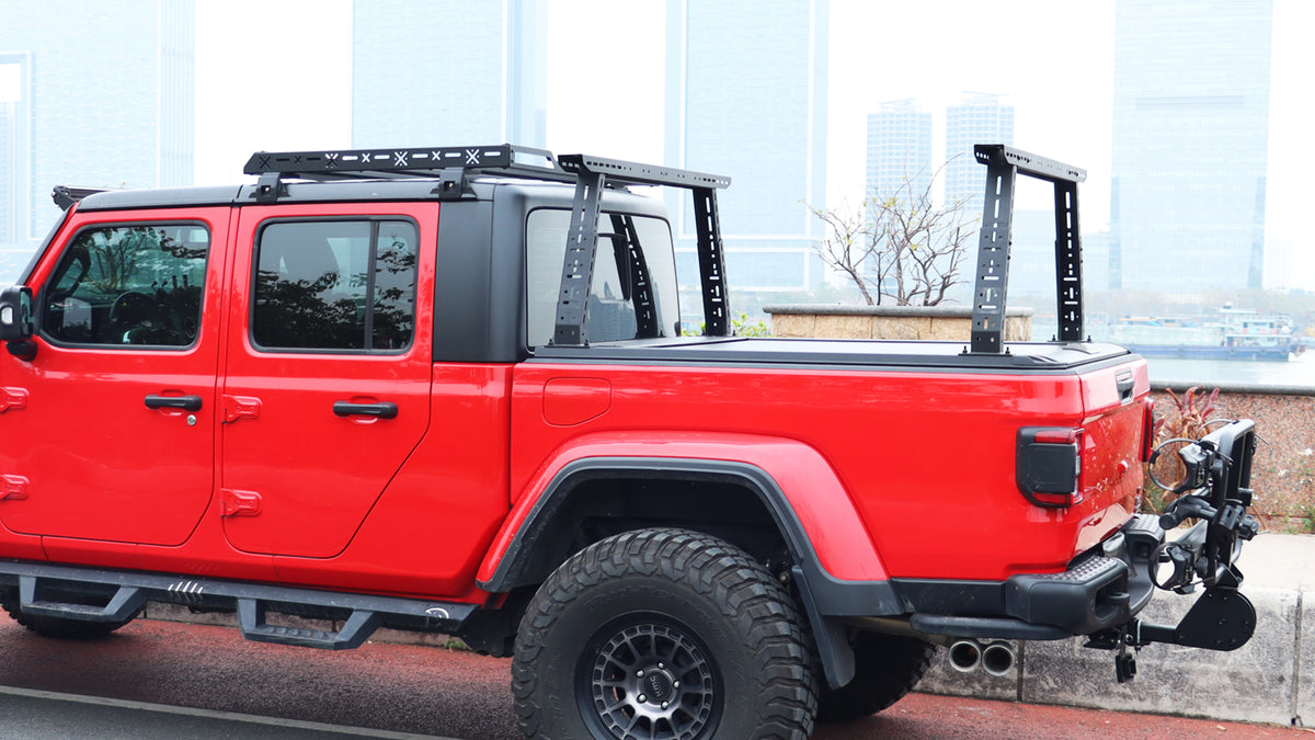 Outdoor view of a heavy-duty truck bed rack securely installed, showing sturdy build and cargo capacity