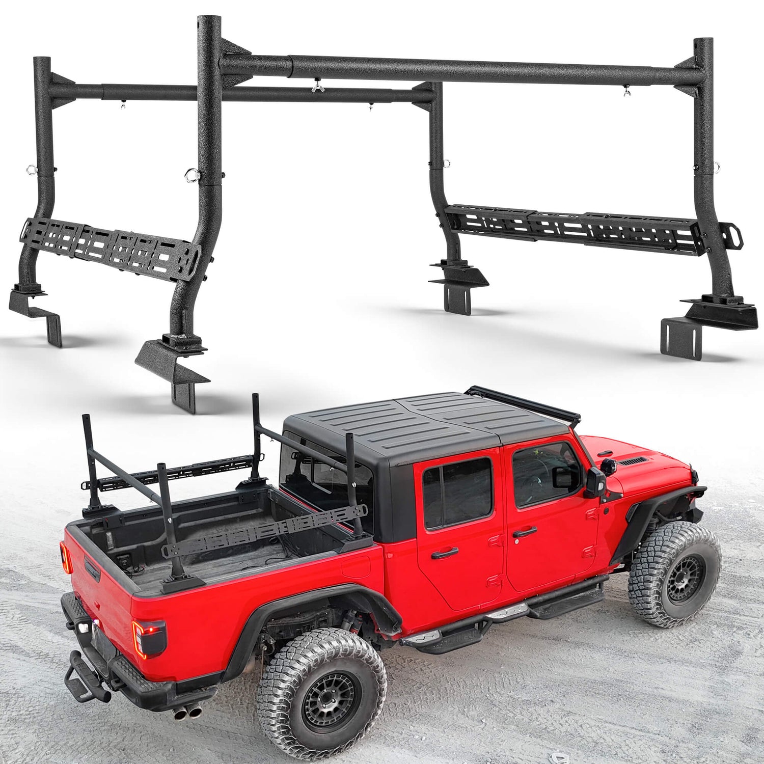 Full view of Jeep Gladiator JT roof rack fully installed with cargo setup.