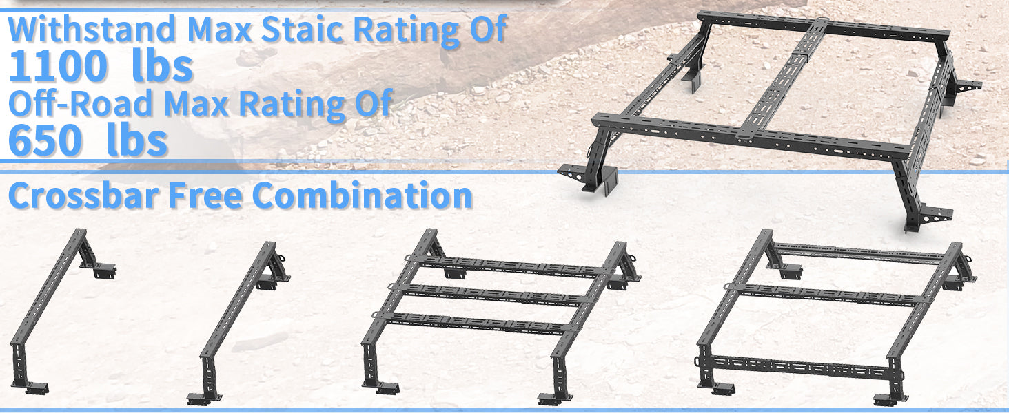 Jeep Gladiator JT truck bed rack with 1100 lbs max load and adjustable crossbar setup