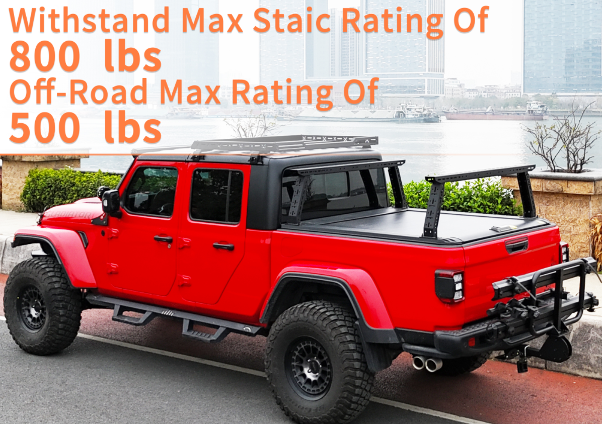 Jeep Gladiator JT truck bed rack demonstrating maximum static weight capacity of 800 lbs