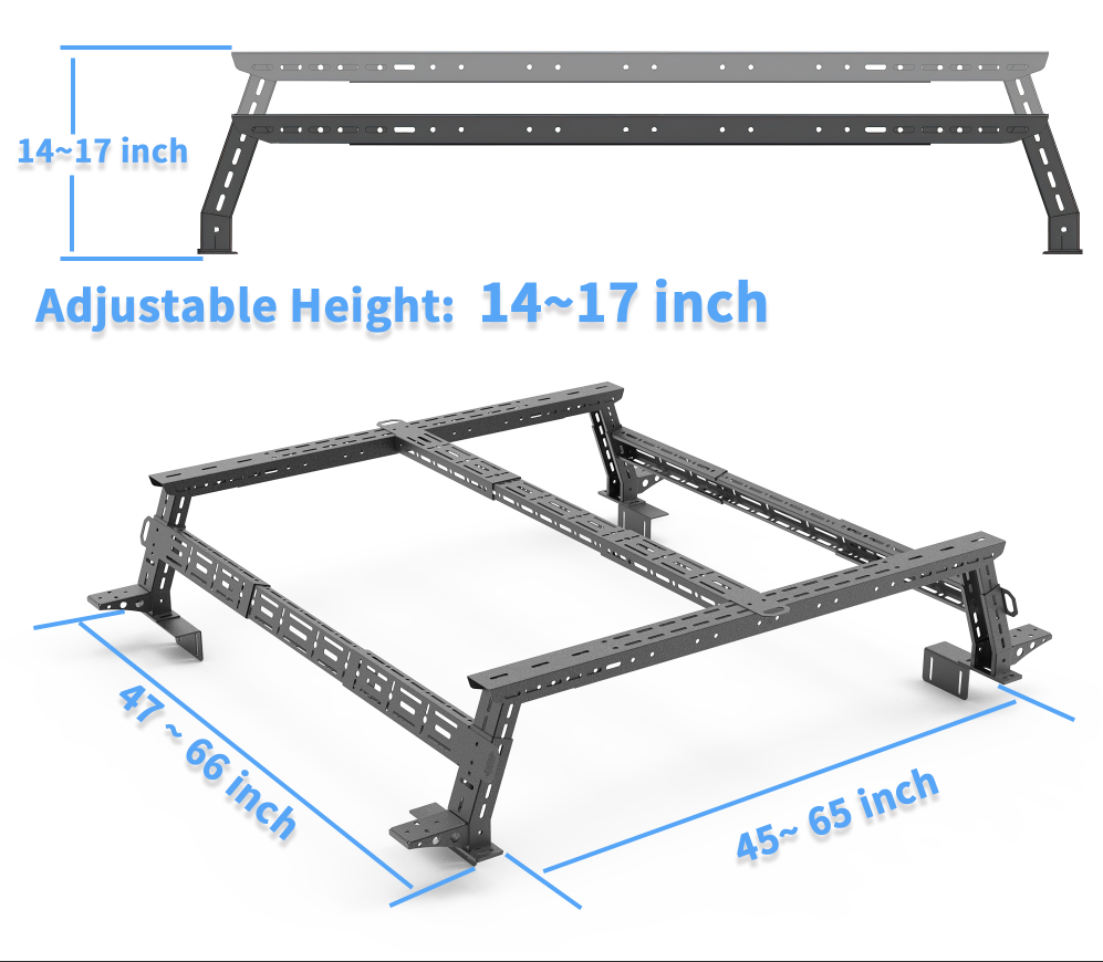 Jeep Gladiator JT truck bed rack with adjustable height from 14 to 17 inches